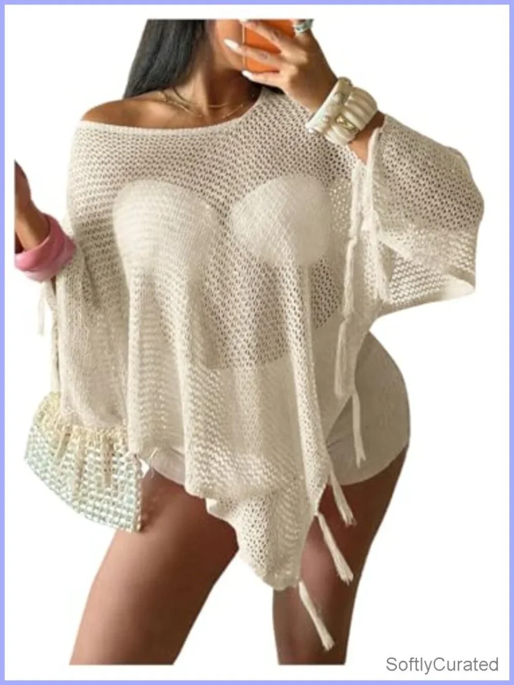 Crochet Sheer Cover Up Poncho Top Swimsuit Coverup Asymmetrical Summer Beachwear